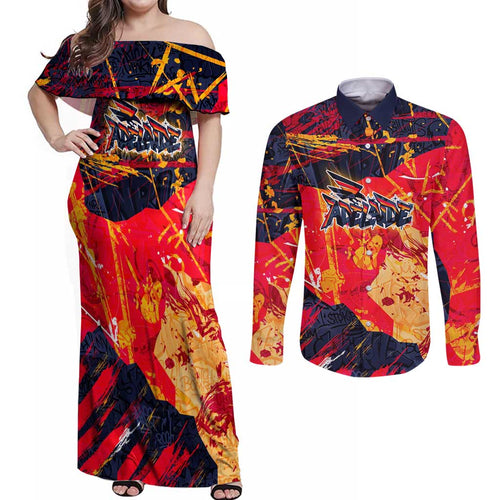 Personalized Adelaide Crows Couples Matching Off Shoulder Maxi Dress and Long Sleeve Button Shirt Australian Graffiti Paint Splatter - Abstract Geometric