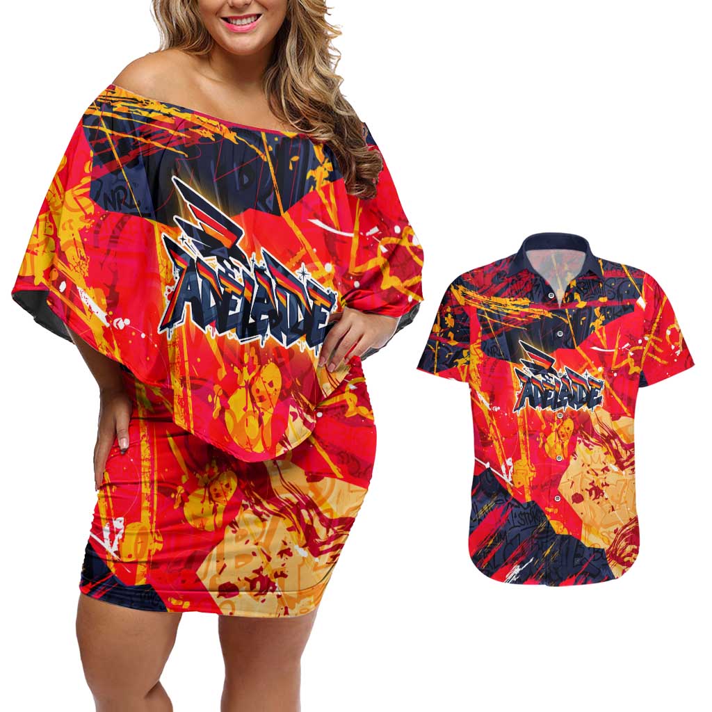Personalized Adelaide Crows Couples Matching Off Shoulder Short Dress and Hawaiian Shirt Australian Graffiti Paint Splatter - Abstract Geometric