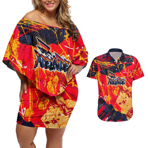 Personalized Adelaide Crows Couples Matching Off Shoulder Short Dress and Hawaiian Shirt Australian Graffiti Paint Splatter - Abstract Geometric
