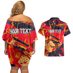 Personalized Adelaide Crows Couples Matching Off Shoulder Short Dress and Hawaiian Shirt Australian Graffiti Paint Splatter - Abstract Geometric