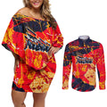 Personalized Adelaide Crows Couples Matching Off Shoulder Short Dress and Long Sleeve Button Shirt Australian Graffiti Paint Splatter - Abstract Geometric
