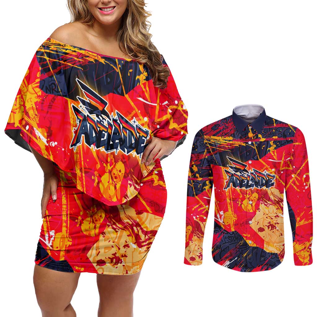 Personalized Adelaide Crows Couples Matching Off Shoulder Short Dress and Long Sleeve Button Shirt Australian Graffiti Paint Splatter - Abstract Geometric