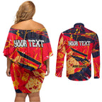 Personalized Adelaide Crows Couples Matching Off Shoulder Short Dress and Long Sleeve Button Shirt Australian Graffiti Paint Splatter - Abstract Geometric