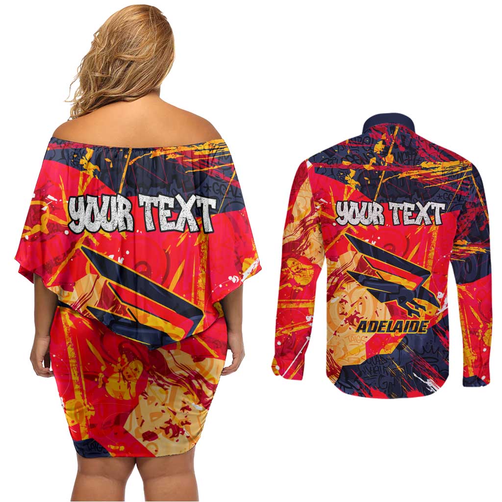 Personalized Adelaide Crows Couples Matching Off Shoulder Short Dress and Long Sleeve Button Shirt Australian Graffiti Paint Splatter - Abstract Geometric