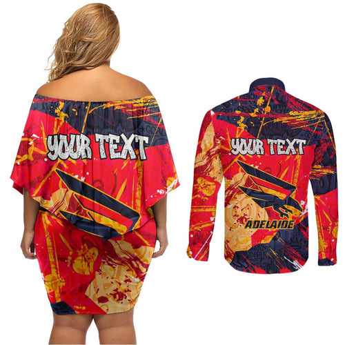 Personalized Adelaide Crows Couples Matching Off Shoulder Short Dress and Long Sleeve Button Shirt Australian Graffiti Paint Splatter - Abstract Geometric