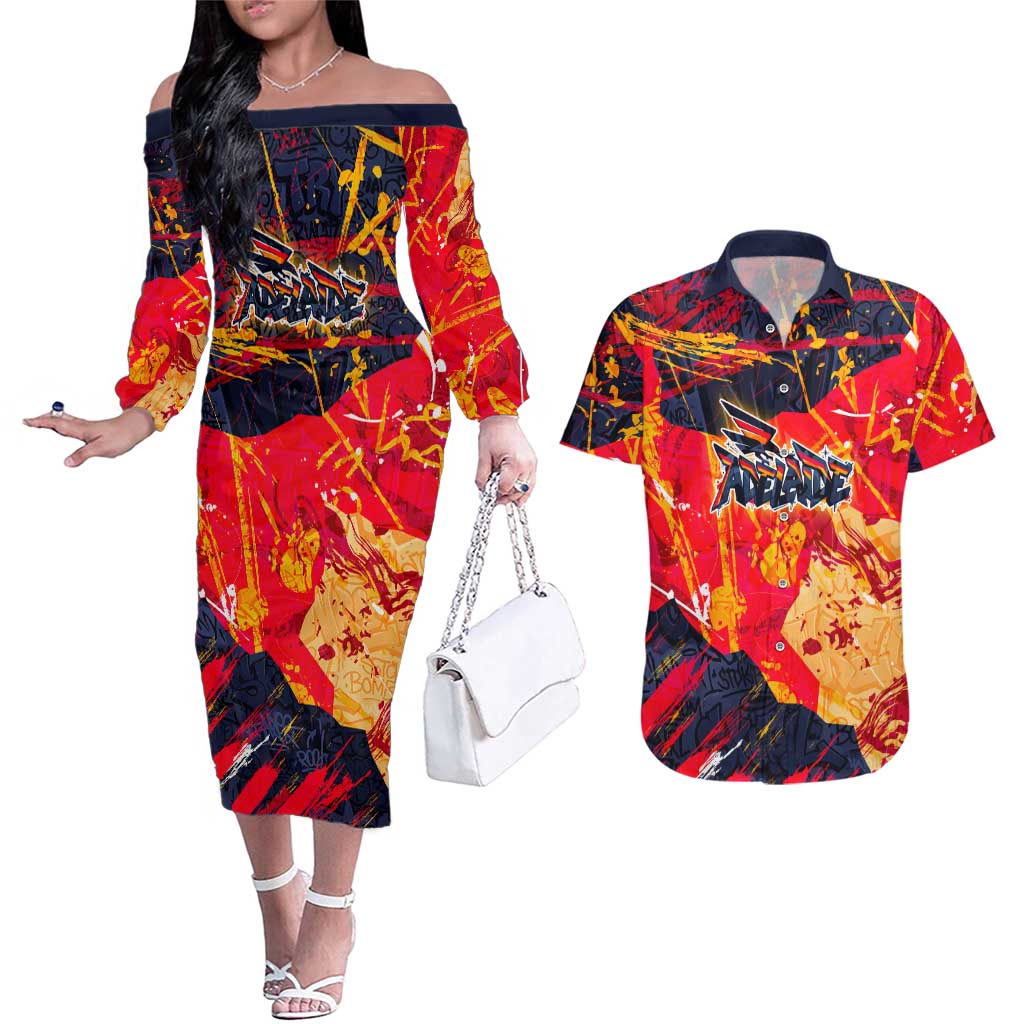 Personalized Adelaide Crows Couples Matching Off The Shoulder Long Sleeve Dress and Hawaiian Shirt Australian Graffiti Paint Splatter - Abstract Geometric