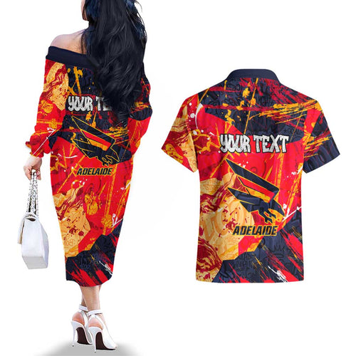 Personalized Adelaide Crows Couples Matching Off The Shoulder Long Sleeve Dress and Hawaiian Shirt Australian Graffiti Paint Splatter - Abstract Geometric