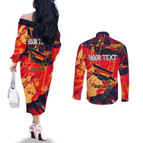 Personalized Adelaide Crows Couples Matching Off The Shoulder Long Sleeve Dress and Long Sleeve Button Shirt Australian Graffiti Paint Splatter - Abstract Geometric