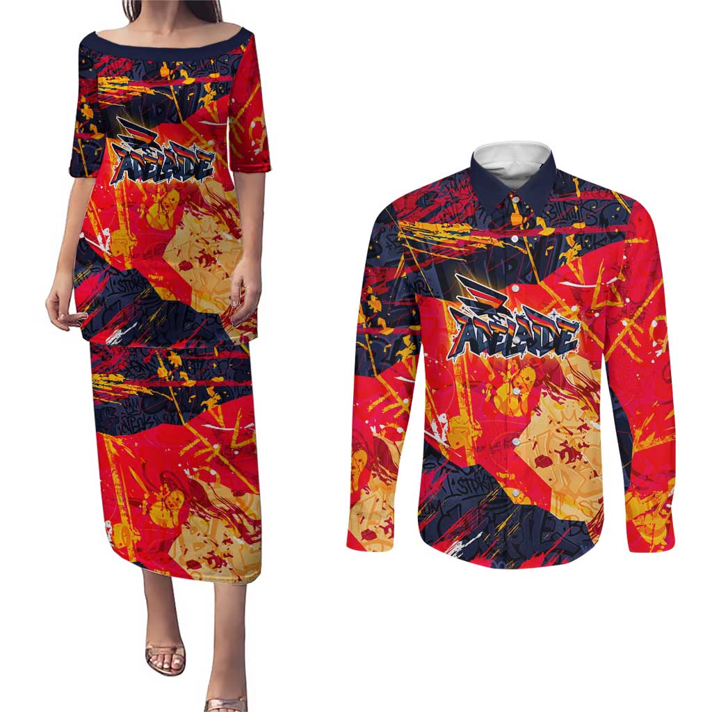 Personalized Adelaide Crows Couples Matching Puletasi and Long Sleeve Button Shirt Australian Graffiti Paint Splatter - Abstract Geometric
