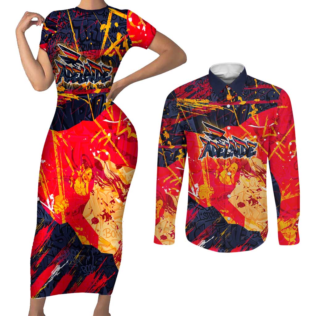 Personalized Adelaide Crows Couples Matching Short Sleeve Bodycon Dress and Long Sleeve Button Shirt Australian Graffiti Paint Splatter - Abstract Geometric