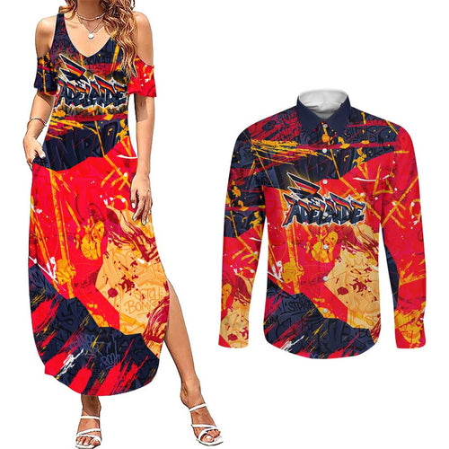 Personalized Adelaide Crows Couples Matching Summer Maxi Dress and Long Sleeve Button Shirt Australian Graffiti Paint Splatter - Abstract Geometric