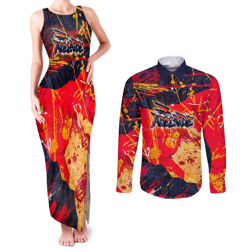 Personalized Adelaide Crows Couples Matching Tank Maxi Dress and Long Sleeve Button Shirt Australian Graffiti Paint Splatter - Abstract Geometric