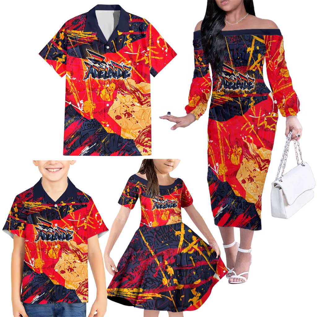 Personalized Adelaide Crows Family Matching Off The Shoulder Long Sleeve Dress and Hawaiian Shirt Australian Graffiti Paint Splatter - Abstract Geometric
