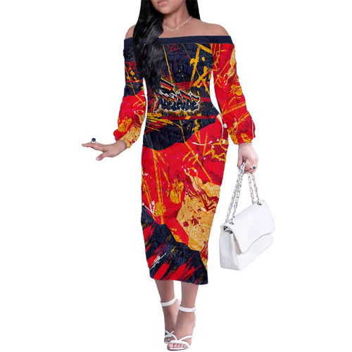 Personalized Adelaide Crows Family Matching Off The Shoulder Long Sleeve Dress and Hawaiian Shirt Australian Graffiti Paint Splatter - Abstract Geometric