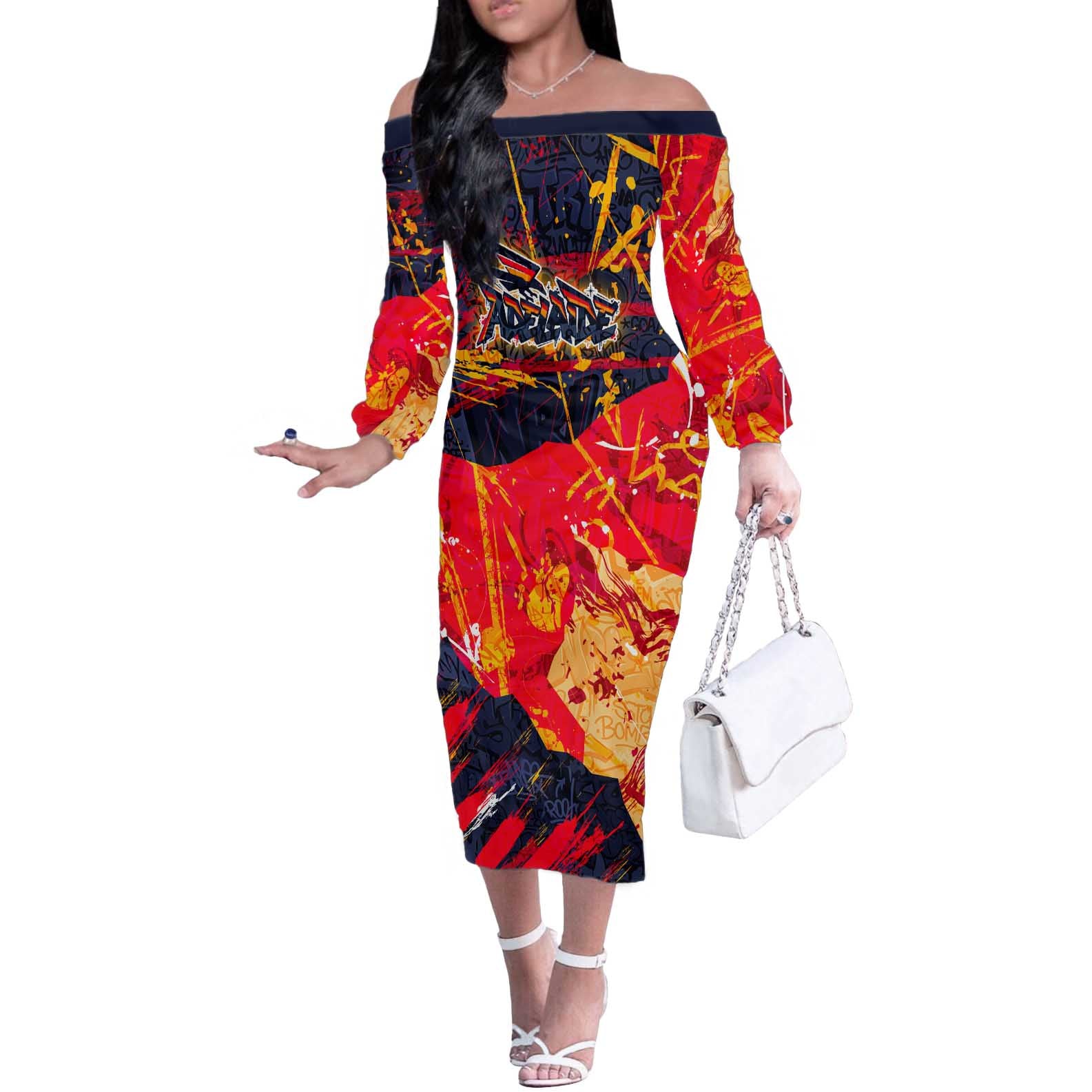 Personalized Adelaide Crows Off The Shoulder Long Sleeve Dress Australian Graffiti Paint Splatter - Abstract Geometric