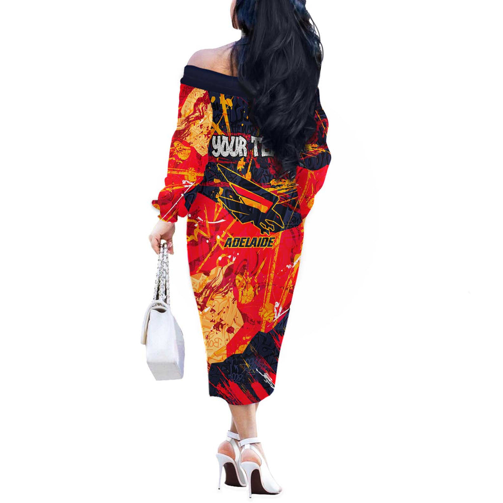 Personalized Adelaide Crows Off The Shoulder Long Sleeve Dress Australian Graffiti Paint Splatter - Abstract Geometric