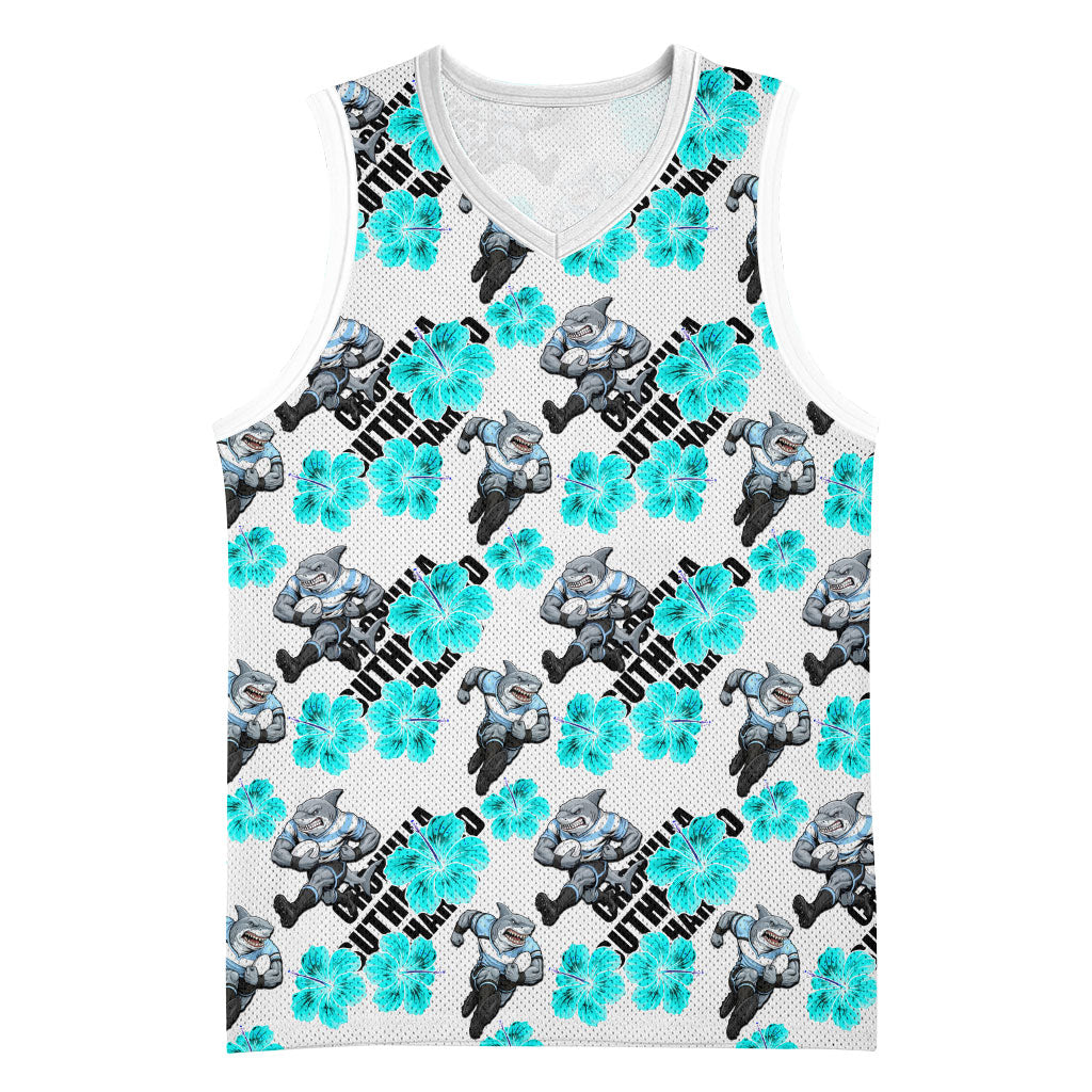 Cronulla-Sutherland Sharks Basketball Jersey Tropical Hibiscus Floral Seamless Rugby Mascot