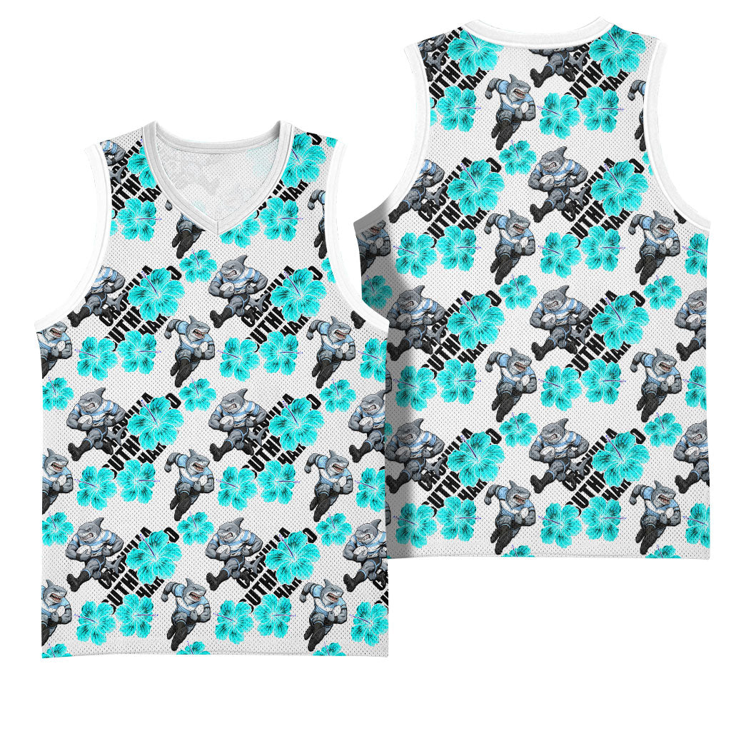 Cronulla-Sutherland Sharks Basketball Jersey Tropical Hibiscus Floral Seamless Rugby Mascot
