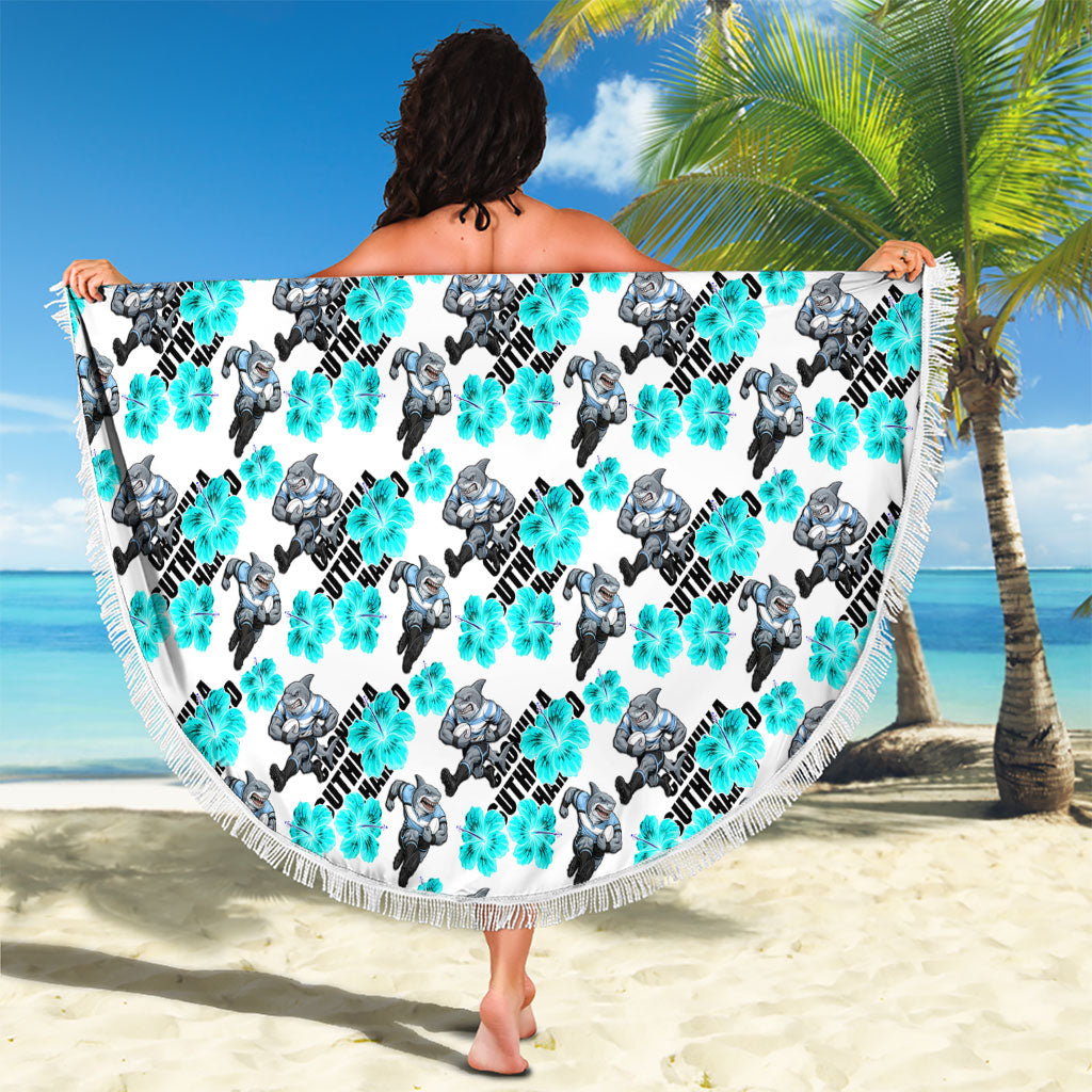 Cronulla-Sutherland Sharks Beach Blanket Tropical Hibiscus Floral Seamless Rugby Mascot