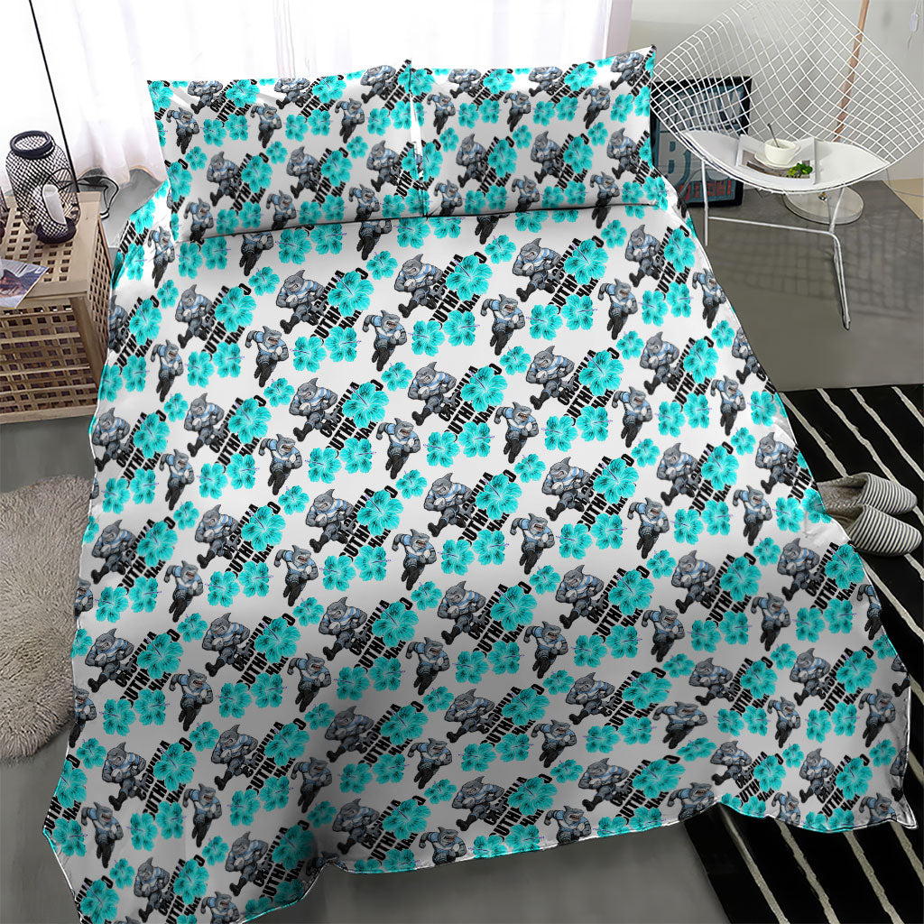 Cronulla-Sutherland Sharks Bedding Set Tropical Hibiscus Floral Seamless Rugby Mascot