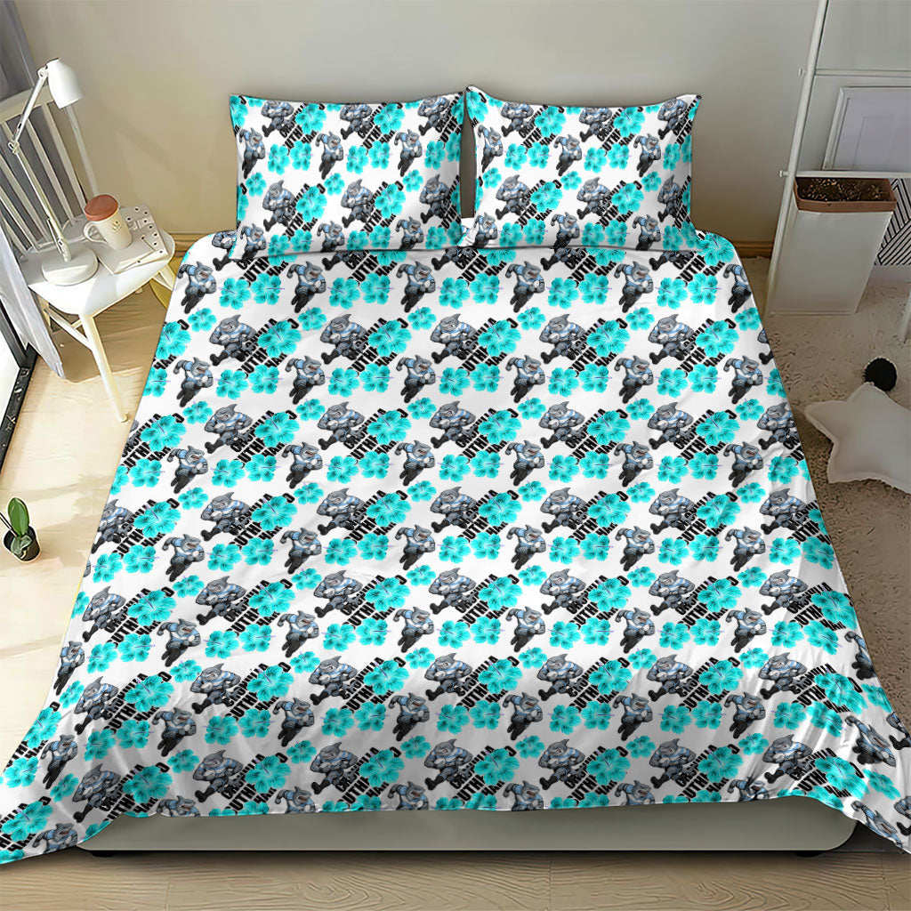 Cronulla-Sutherland Sharks Bedding Set Tropical Hibiscus Floral Seamless Rugby Mascot