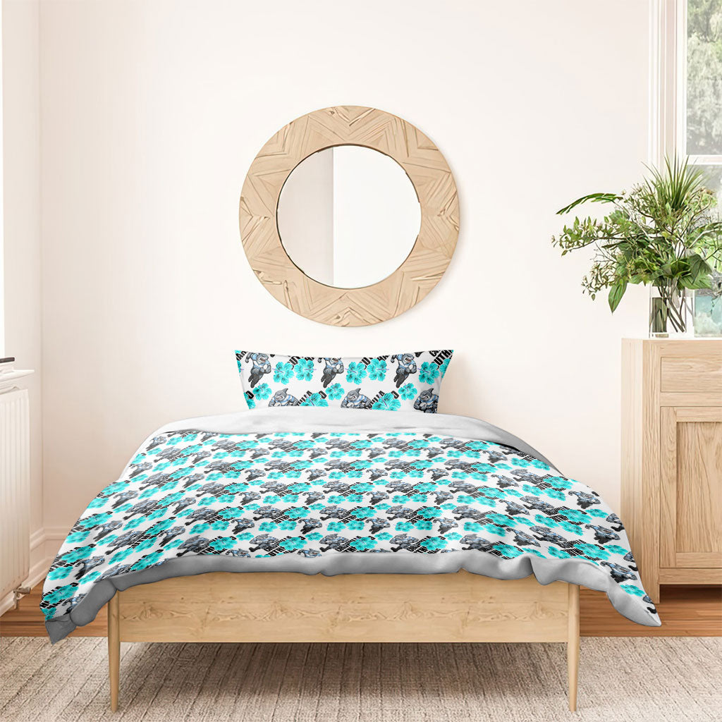 Cronulla-Sutherland Sharks Bedding Set Tropical Hibiscus Floral Seamless Rugby Mascot