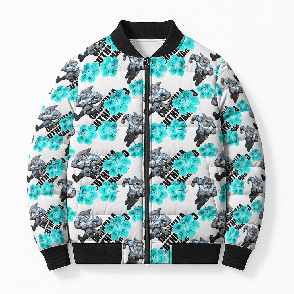 Cronulla-Sutherland Sharks Bomber Puffer Jacket Tropical Hibiscus Floral Seamless Rugby Mascot