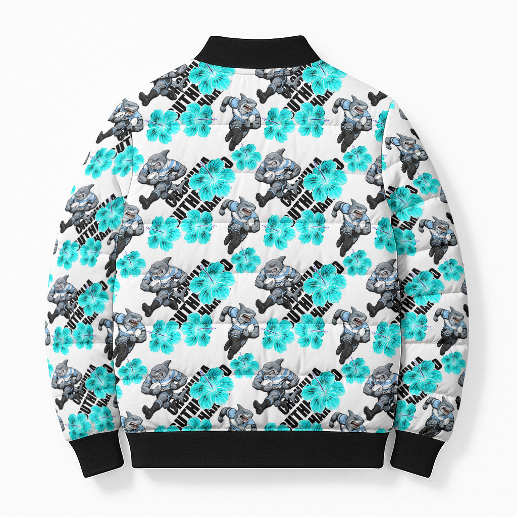 Cronulla-Sutherland Sharks Bomber Puffer Jacket Tropical Hibiscus Floral Seamless Rugby Mascot