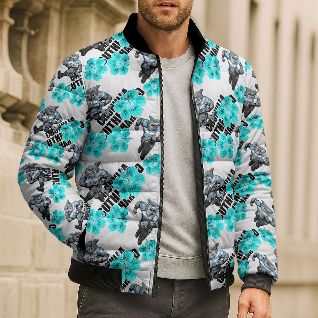 Cronulla-Sutherland Sharks Bomber Puffer Jacket Tropical Hibiscus Floral Seamless Rugby Mascot