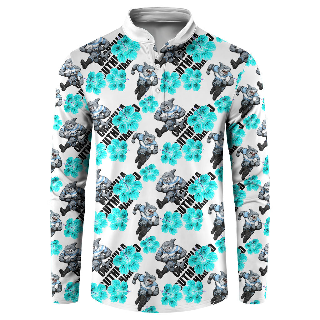 Cronulla-Sutherland Sharks Button Sweatshirt Tropical Hibiscus Floral Seamless Rugby Mascot