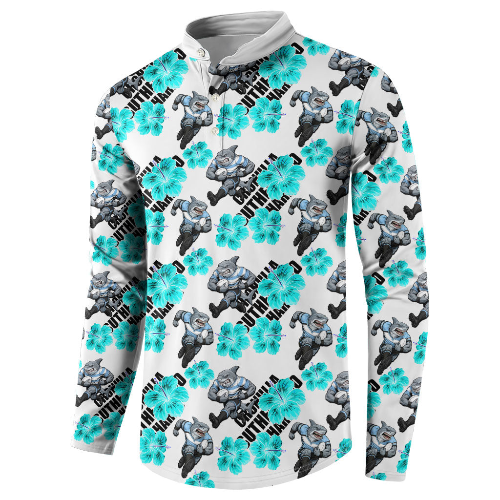Cronulla-Sutherland Sharks Button Sweatshirt Tropical Hibiscus Floral Seamless Rugby Mascot