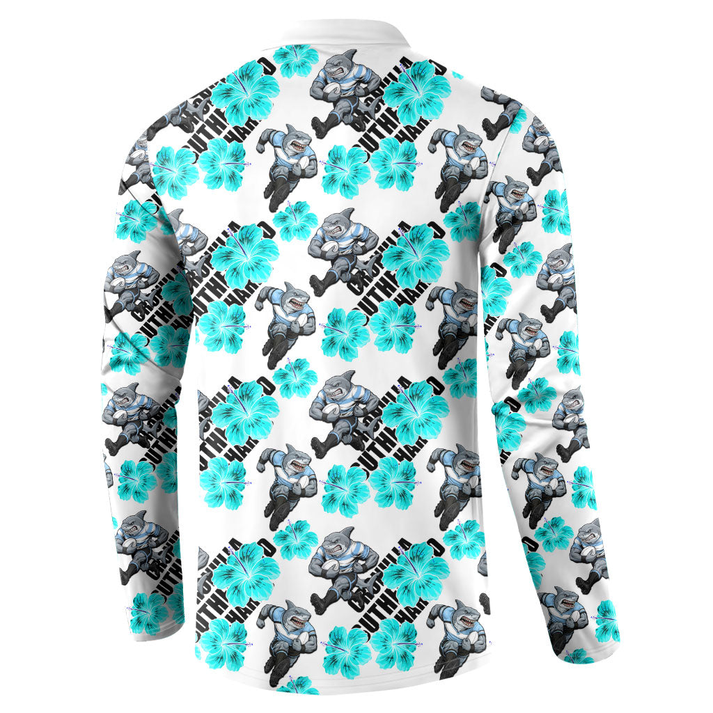 Cronulla-Sutherland Sharks Button Sweatshirt Tropical Hibiscus Floral Seamless Rugby Mascot