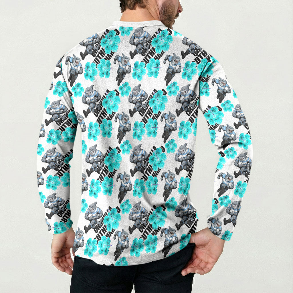 Cronulla-Sutherland Sharks Button Sweatshirt Tropical Hibiscus Floral Seamless Rugby Mascot