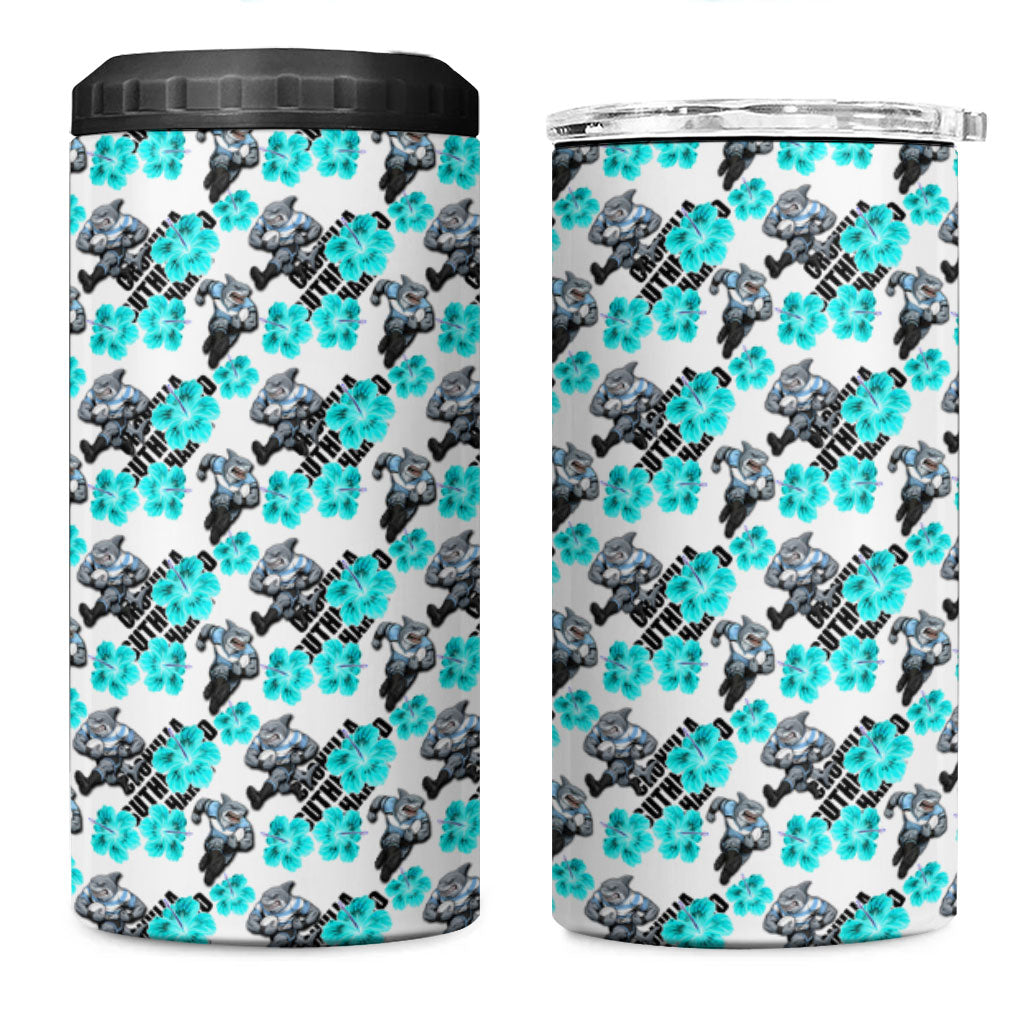 Cronulla-Sutherland Sharks 4 in 1 Can Cooler Tumbler Tropical Hibiscus Floral Seamless Rugby Mascot