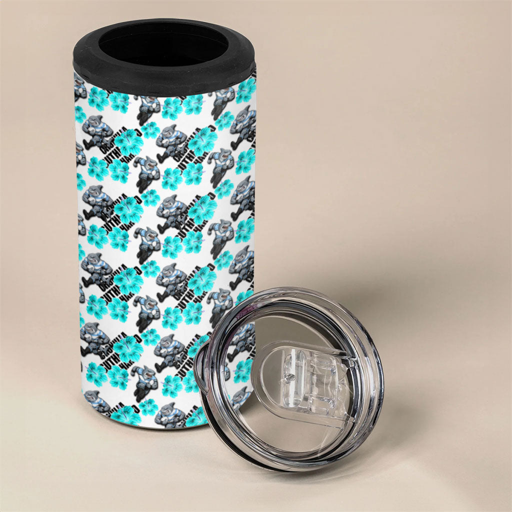 Cronulla-Sutherland Sharks 4 in 1 Can Cooler Tumbler Tropical Hibiscus Floral Seamless Rugby Mascot