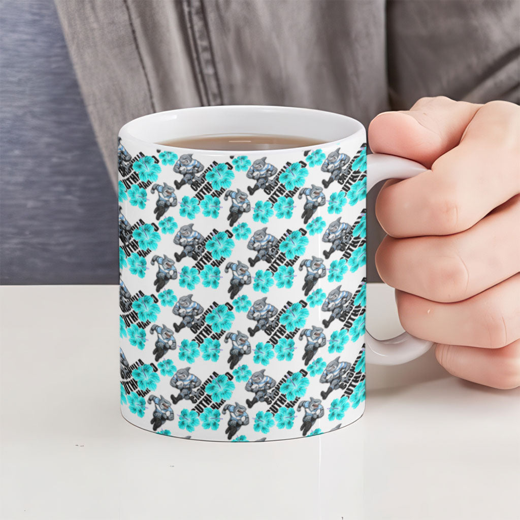 Cronulla-Sutherland Sharks Ceramic Mug Tropical Hibiscus Floral Seamless Rugby Mascot