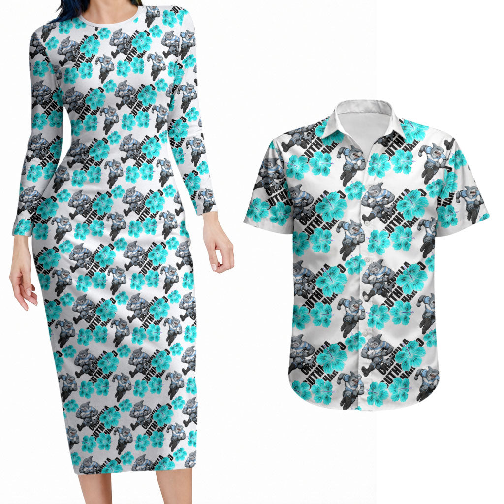 Cronulla-Sutherland Sharks Couples Matching Long Sleeve Bodycon Dress and Hawaiian Shirt Tropical Hibiscus Floral Seamless Rugby Mascot