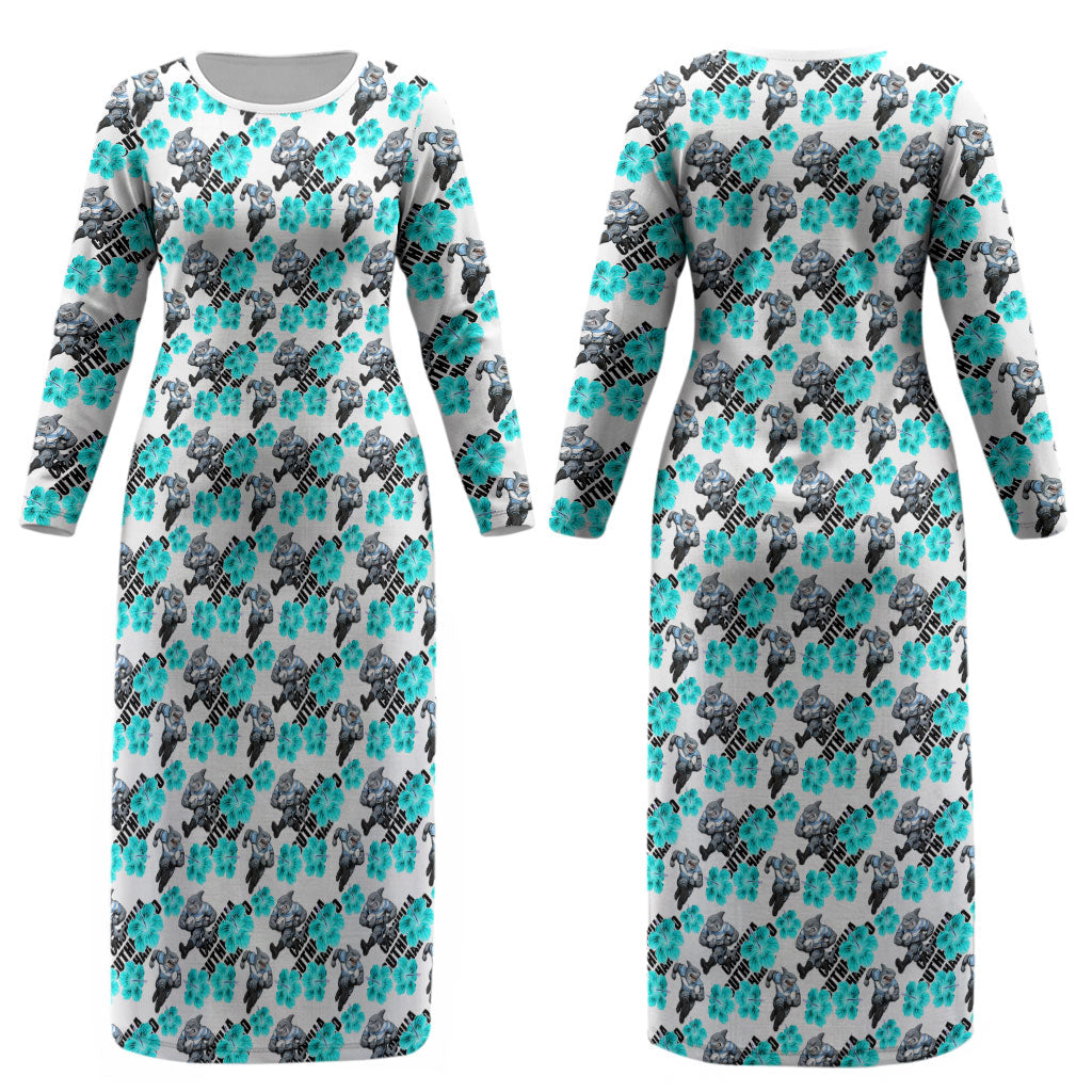 Cronulla-Sutherland Sharks Couples Matching Long Sleeve Bodycon Dress and Hawaiian Shirt Tropical Hibiscus Floral Seamless Rugby Mascot