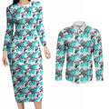 Cronulla-Sutherland Sharks Couples Matching Long Sleeve Bodycon Dress and Long Sleeve Button Shirt Tropical Hibiscus Floral Seamless Rugby Mascot