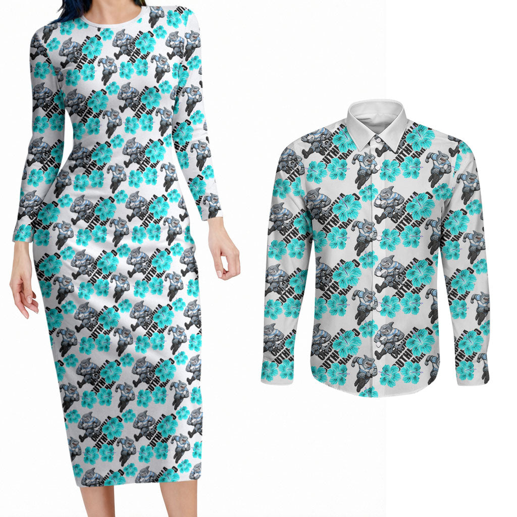 Cronulla-Sutherland Sharks Couples Matching Long Sleeve Bodycon Dress and Long Sleeve Button Shirt Tropical Hibiscus Floral Seamless Rugby Mascot