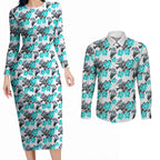 Cronulla-Sutherland Sharks Couples Matching Long Sleeve Bodycon Dress and Long Sleeve Button Shirt Tropical Hibiscus Floral Seamless Rugby Mascot