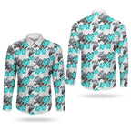 Cronulla-Sutherland Sharks Couples Matching Long Sleeve Bodycon Dress and Long Sleeve Button Shirt Tropical Hibiscus Floral Seamless Rugby Mascot
