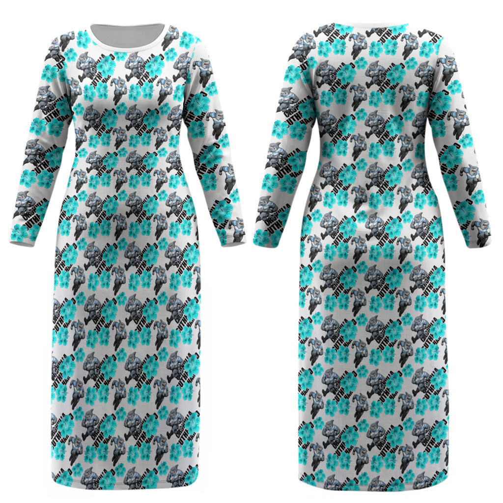 Cronulla-Sutherland Sharks Couples Matching Long Sleeve Bodycon Dress and Long Sleeve Button Shirt Tropical Hibiscus Floral Seamless Rugby Mascot