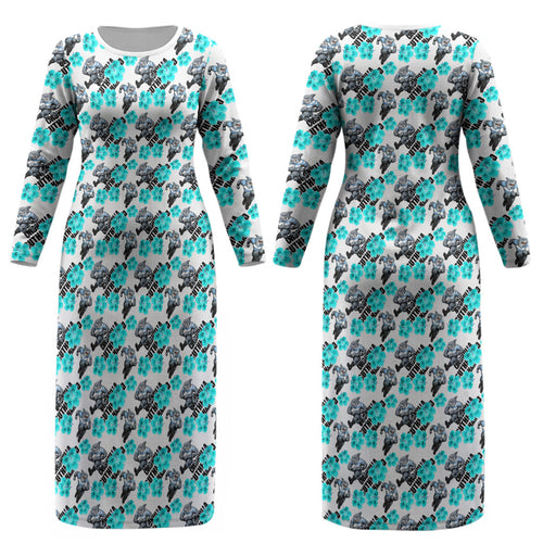 Cronulla-Sutherland Sharks Couples Matching Long Sleeve Bodycon Dress and Long Sleeve Button Shirt Tropical Hibiscus Floral Seamless Rugby Mascot