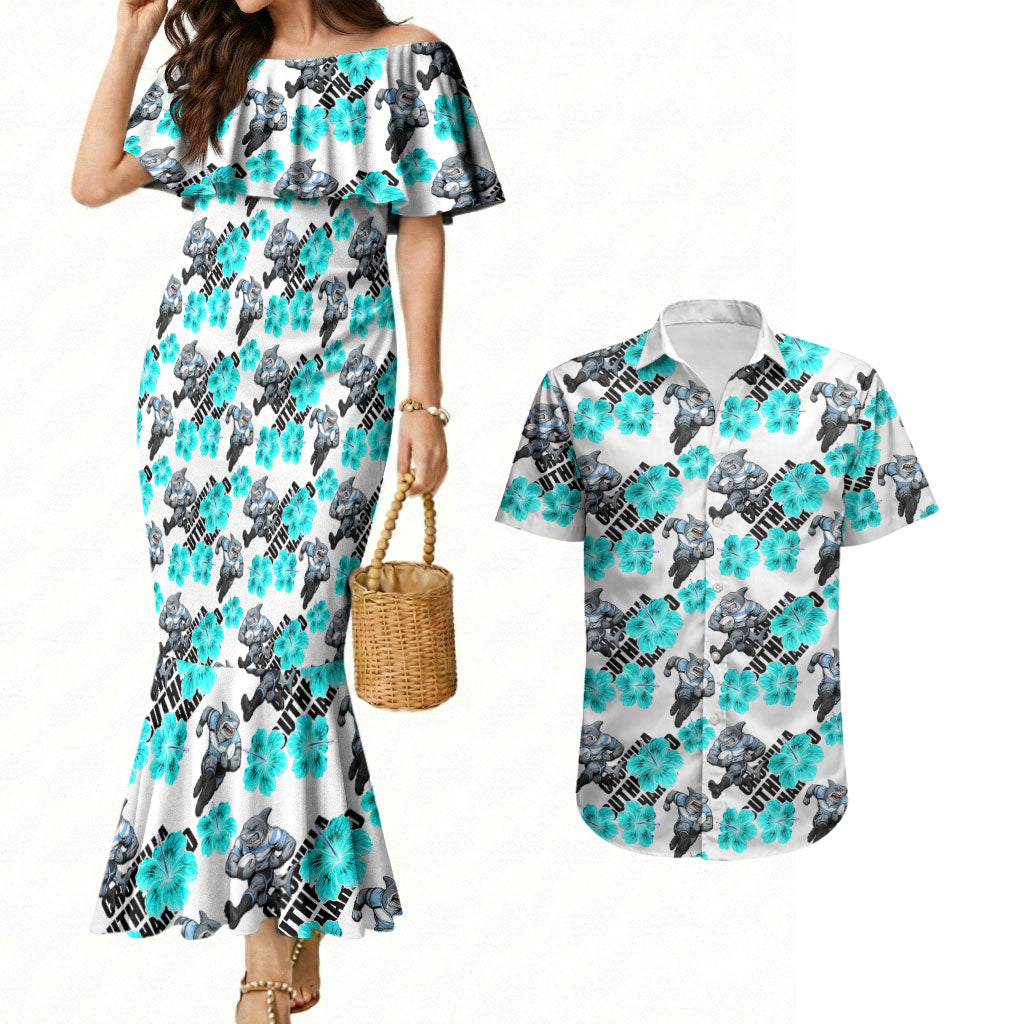 Cronulla-Sutherland Sharks Couples Matching Mermaid Dress and Hawaiian Shirt Tropical Hibiscus Floral Seamless Rugby Mascot