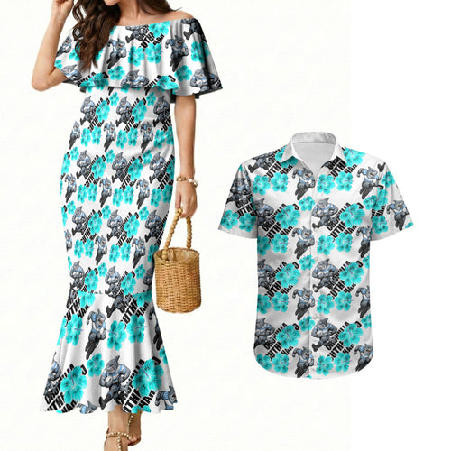 Cronulla-Sutherland Sharks Couples Matching Mermaid Dress and Hawaiian Shirt Tropical Hibiscus Floral Seamless Rugby Mascot