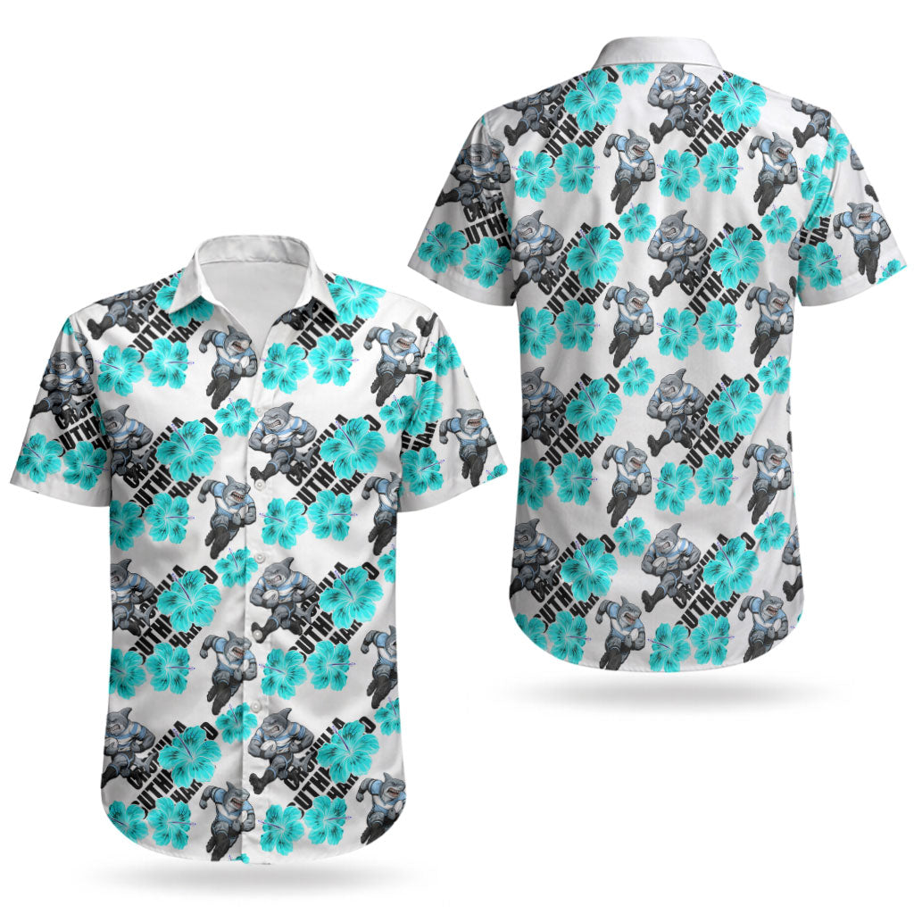 Cronulla-Sutherland Sharks Couples Matching Mermaid Dress and Hawaiian Shirt Tropical Hibiscus Floral Seamless Rugby Mascot
