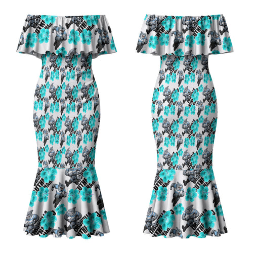 Cronulla-Sutherland Sharks Couples Matching Mermaid Dress and Hawaiian Shirt Tropical Hibiscus Floral Seamless Rugby Mascot
