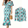 Cronulla-Sutherland Sharks Couples Matching Mermaid Dress and Long Sleeve Button Shirt Tropical Hibiscus Floral Seamless Rugby Mascot
