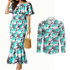Cronulla-Sutherland Sharks Couples Matching Mermaid Dress and Long Sleeve Button Shirt Tropical Hibiscus Floral Seamless Rugby Mascot
